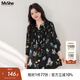 MsShe【V領(lǐng)印花打攬長(cháng)款小衫】大碼女裝2025夏裝胖mm 七分袖-黑色現貨 2XL