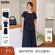 MsShe【人棉套裝】大碼女裝2025款夏裝胖mm開(kāi)叉短袖小衫闊腿裙褲 藏青藍色現貨 2XL