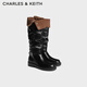 CHARLES&KEITH平底褶皺可翻折長(cháng)靴堆堆靴生日禮物送女友CK1-90380176 Black黑色 35 （225）