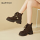 DAPHNE達芙妮復古厚底加絨馬丁靴女增高顯瘦短筒靴女系帶百搭大黃靴 咖色 38