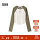 森馬（Semir）長(cháng)袖T恤女短款緊身撞色插肩袖明線(xiàn)顯瘦冬季印花圓領(lǐng)上衣復古 白綠色調00314 M