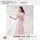 秋水伊人優(yōu)雅V領(lǐng)木耳邊A版收腰連衣裙夏季清倉女中長款裙子 粉紅 L