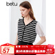 百圖betu女裝夏季新款毛針織衫V領(lǐng)條紋撞色袖短袖上衣女2405X09 黑白條 M