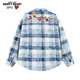 查爾斯桃心復古長(cháng)袖情侶款休閑寬松秋寄花卉愛(ài)心刺繡格子襯衫 藍白格 L