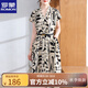羅蒙（ROMON）媽媽夏裝短袖雪紡連衣裙時尚腰帶印花裙子40歲50中老年女裝藏肉裙 米色 XL  (推薦110斤以內(nèi))