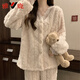 雅鹿珊瑚絨睡衣女士2025新款秋冬季加絨加厚蕾絲長(zhǎng)袖法蘭絨家居服套裝 米白色 L 適合100 120斤