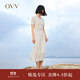 OVV2023春夏新款女裝復(fù)古優(yōu)雅翻領(lǐng)短袖休閑彈力針織連衣裙 米杏條紋14 L