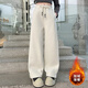 女童運動(dòng)褲冬季2025兒童洋氣闊腿褲大童衛褲女孩初中生休閑褲子潮 米白色【升級版-加絨加厚款】 160