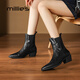 妙麗（Millies）羊皮尖頭煙筒靴女切爾西法式復古瘦瘦靴加絨真皮短靴子 黑色 36