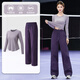 徽格兒（phigeer）網(wǎng)紗拼接休閑運動(dòng)套裝女秋冬新款寬松直筒褲健身房跑步速干衣長(cháng)袖 灰紫兩件套（紫褲） M