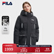 FILA 斐樂官方女裝中長款時尚派克羽絨服休閑連帽工裝外套 正黑色-BK L