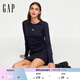 蓋璞Gap女裝2025秋季新款logo刺繡修身抽褶長(cháng)袖T恤休閑上衣834688 海軍藍 L (170/92A) 亞洲尺碼