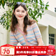 百圖betu女裝夏新款毛針織衫復古V領(lǐng)混彩條紋短袖針織衫女2305T85 粉紅 M