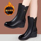 斷碼清倉紅青娗坡跟舒適中筒靴女加絨秋冬款真軟皮中老年媽媽靴子 黑色 加絨 跟高5公分 35 (225mm) 標準碼