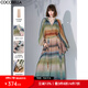 COCOBELLA[赤霞橘光]手繪彩虹條紋飄逸長(cháng)袖連衣裙套裝FR7045 赤霞橘光(含吊帶裙+腰帶) L