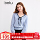 百圖betu女裝秋季新款曠野美拉德V領(lǐng)撞色蝴蝶結針織衫女2408T11 灰蘭 M