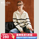 Olrain歐芮兒法式條紋針織衫女春裝新款寬松翻領(lǐng)拉鏈套頭上衣 杏白色 M