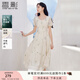 香影碎花方領(lǐng)連衣裙女2025夏裝新款蕾絲邊重工刺繡泡泡袖杏色裙子 杏色 S 155/80A/85-95斤