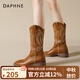 達芙妮（DAPHNE）馬丁靴女2025爆款夏秋季草原刺繡西部牛仔靴新疆旅游美拉德騎士靴 棕色【單里款】 37