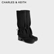 CHARLES&KEITH綁帶粗跟仿麂皮褲管靴西部靴新年生日禮物送女友CK1-90580218 BLACK TEXTURED黑色紋理 36 （230）