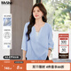 MsShe【假兩件襯衫】2025秋裝洋氣顯瘦七分袖小衫 【撞色V領(lǐng)】冰河藍色現貨 2XL