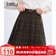 百圖betu女裝冬季新款半身裙高腰毛呢格紋A字百褶裙裙子女2411T68 咖格 M