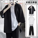 聲猴三件套夏季短袖男寬松痞帥T恤休閑潮流輕熟風(fēng)穿搭冰絲套裝衣服男 黑色+白短T+黑西褲 XL