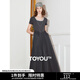 初語(yǔ)撞色假兩件拼接U領(lǐng)短袖連衣裙女2025夏季新款收腰中長(cháng)款裙子 深碳灰 M