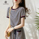 clotho Rennie品牌女裝條紋休閑連衣裙女2025夏季新款圓領(lǐng)中長(cháng)款收腰系帶T恤裙 圖片色 M