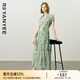 顏域法式碎花襯衫領(lǐng)連衣裙女2025夏季新款收腰袖過膝長款雪紡裙子 綠花 S