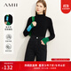 AMII女裝2025秋季新款通勤風(fēng)百搭修身半高領(lǐng)撞色袖口支精梳針 黑色 L (165)