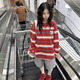 LDBE紅色撞色條紋長(cháng)袖t恤女春秋設計感別致寬松顯瘦慵懶風(fēng)上衣打底衫 條紋 M 【95斤內】