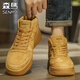 森馬男鞋春秋季新款潮流百搭高幫真皮麥色板鞋男士運動(dòng)厚底增高休閑鞋 卡其 43