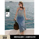 ELLE摩登漸變牛仔吊帶連衣裙女2025夏季新款萊賽爾天絲小眾長(cháng)裙 牛仔藍 L
