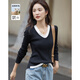 德瑪納【含溫潤綿羊毛】秋季拼色假兩件V領(lǐng)線(xiàn)衫小個(gè)子氣質(zhì)針織衫女上衣