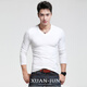 軒峻男士長(cháng)袖t恤v領(lǐng)彈力棉打底衫修身春秋純色內搭緊身雞心領(lǐng)秋衣貼身 白色V領(lǐng) XL