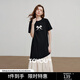 初語(yǔ)休閑寬松撞色拼接設計蝴蝶結印花T恤裙女2025夏季新款連衣裙 黑色 XL