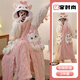 梵昇昱睡衣女珊瑚絨冬季加絨加厚可愛(ài)卡通睡袍長(cháng)款秋天法蘭絨保暖家居服 粉色小貓【睡袍＋褲子】