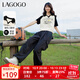 LAGOGO撞色翻領(lǐng)短袖T恤女拉谷谷春季新款休閑透氣插肩短款上衣 米黑(TW) S