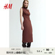 H&M女裝連衣裙2025秋季新款圓領(lǐng)無袖修身顯瘦垂褶高領(lǐng)長裙1265321深棕色S 160/88