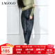 LAGOGO深藍色加絨直筒牛仔褲女拉谷谷2024冬新款保暖復古風(fēng)鉛筆褲 深牛仔藍(N2) M