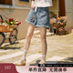 紫涵（ZIHAN）紫涵刺繡復古牛仔短褲女夏季新款高腰寬松顯瘦闊腿卷邊五分褲 淺牛仔藍 XL