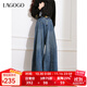 LAGOGO壓褶設計牛仔褲女拉谷谷春秋新款高腰寬松舒適垂感闊腿褲 深牛仔藍(N2) M