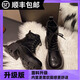 百麗踏厚底馬丁靴女2025年新款秋冬百搭英倫風(fēng)增高粗跟機車(chē)短靴 黑色加絨 37