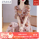 ZXEGI收腰顯瘦100%桑蠶絲真絲連衣裙夏季新款時(shí)尚印花韓版高端A字裙女 粉色 2XL （116-125斤）