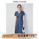 VEGA CHANG牛仔連衣裙女2025新款夏季小個(gè)子V領(lǐng)蕾絲花邊收腰短裙 海灣藍(lán)(長(zhǎng)款) L