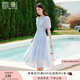 香影天藍色v領(lǐng)泡泡袖連衣裙女2025夏裝新款收腰絕美海邊碎花裙子 藍色 M 160/84A/95-110斤