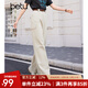 百圖betu女裝春季新款休閑褲高腰寬松多口袋闊腿工裝褲女2402T71 杏色 M