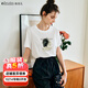 Olrain歐芮兒法式白色短袖T恤女夏新款釘珠印花圓領(lǐng)正肩上衣 米白色 S