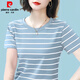 皮爾卡丹（pierre cardin）純棉媽媽短袖女t恤上衣2025年夏季新款寬松圓領(lǐng)半袖條紋洋氣小衫 298-淺綠 L 建議106-120斤